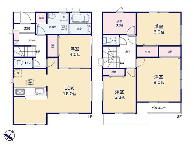 【4LDK+S】三面採光で窓が多く採光良好なLDK☆
洗面室には便利な収納付き！洗剤のストック場所にも便利です◎
主寝室は8帖とひろびろ♪「納戸」もあって収納タップリな間取りです☆