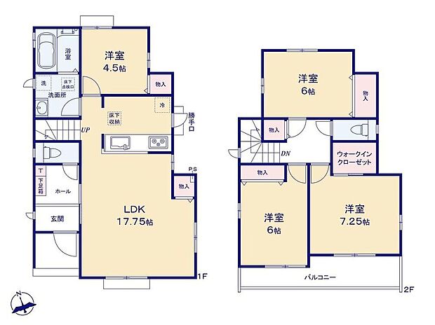 【4LDK】三面採光のLDKは明るく、気持ちの良い空間です◎リビング階段&対面式キッチンの間取りで、家族のコミュニケーションも深まりますね♪♪