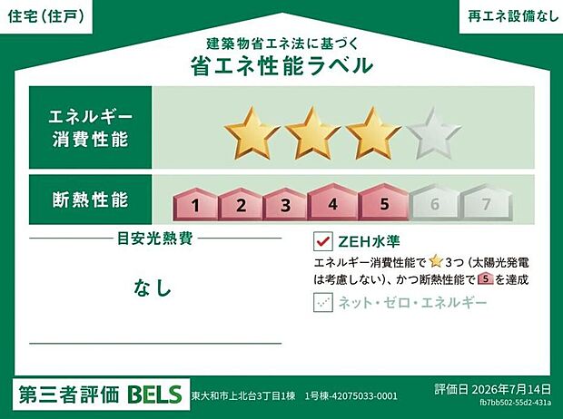 【省エネ性能ラベル】こちらの物件はZEH水準を満たした、省エネ性能に優れた物件です。　光熱費を抑えて暮らすことができるだけでなく、「熱の入りにくさ・逃げにくさ」という観点でも影響を受けにくい建物のため、長く快適にお過ごしいただけます♪