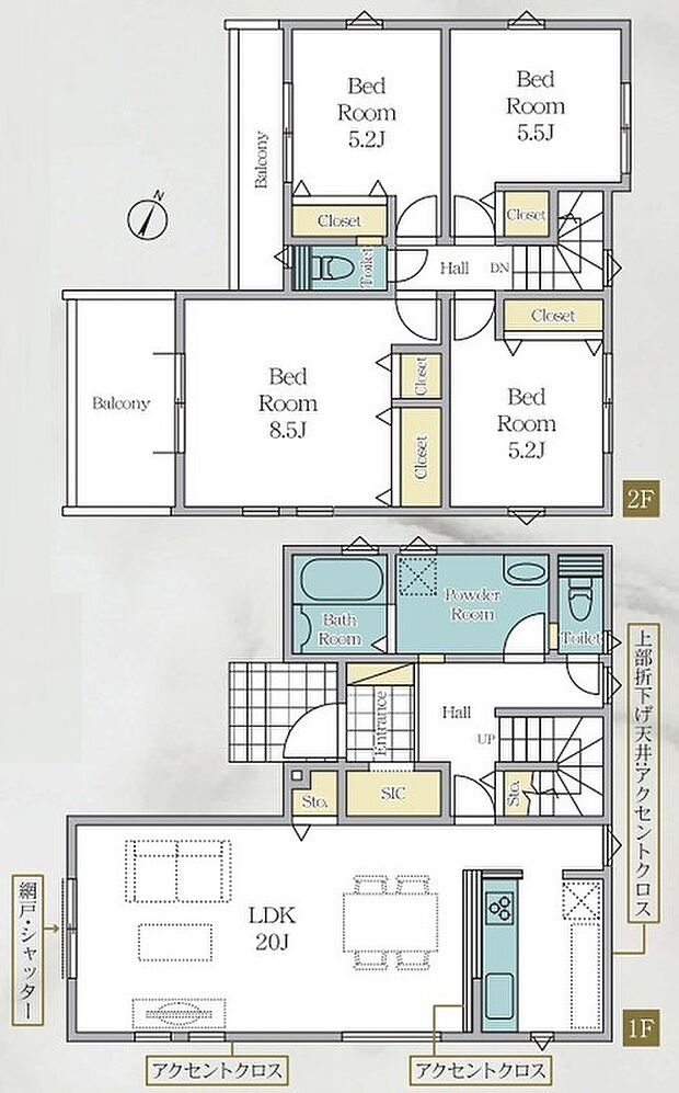 建物面積108.47m2　4LDK　各居室に収納のある間取りです。