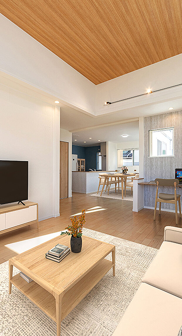 【-】夏は涼しく、冬はあたたかい、快適な暮らし。大きな窓からは快適な光を取りこみ、通気性能を上げる事で居心地の良い空間を演出します。TAKIHOUSEの家は天然素材を使用し、年中居心地のよい住宅を提供。
「漆喰」は化学物質を吸着・分解する効果や殺菌効果、吸放湿性能が大変高く、室内の湿度を吸収してくれます。日本の気候風土（高温高湿気候）に大変適した塗壁材です
漆喰の壁や天然木は光の反射がやわらかく、陽の光を沢山あびるリビングには好適でさらに手触りや足ざわりも心地よく、五感が癒される住まいになっています。