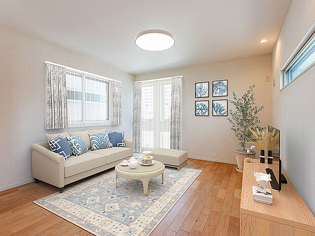 【リビング 1期現地写真+家具CG】心地よく住むためのノウハウとアイディアをデザインのプロが監修。暮らしやすさにお洒落かわいいデザインをプラスした“自然素材の優しい家。ご見学や資料請求等、お気軽にお問合せ下さい!0120-938-226