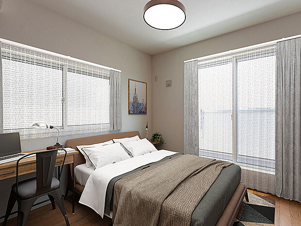 【TAKIHOUSE　主寝室　現地写真＋家具ＣＧ】カラーのアクセントクロスを採用しています。壁紙が全て同色であるときよりもメリハリが生まれ、部屋全体を広く見せる効果も期待できます。白一色の単調になりがちなお部屋もおしゃれ感が格段にアップ！