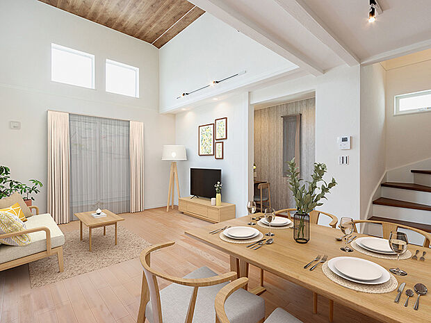 【-】リビングイン階段を採用したことで他の階との繋がりを感じることができ、家族全員が集まりやすいリビングになりました。また、ドアの隔たりがないことも開放感を与えてくれます。また、リビング上部にロフトがあることで吹抜け空間が生まれます。上下の温度差が少なく、夏は涼しく冬暖かい省エネ断熱仕様。それでいて勾配天井の高い位置に窓を配置し、一層開放感が得られます。