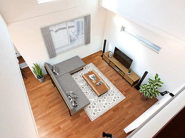 【吹き抜けリビング（施工例）】開放的な吹き抜けに窓の多いデザイン、２階リビングのメリットのひとつ！陽当たりが良いこと！プライバシーも保たれ、見晴らしもよく、やわらかな陽光が隅々まで届きます。冬でも２階リビングにいると暖かいです。