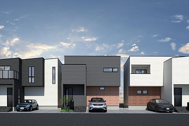 ■CGイメージパース/（右から）1号地、2号地、3号地外観パース■（建物未完成のためイメージパースです）