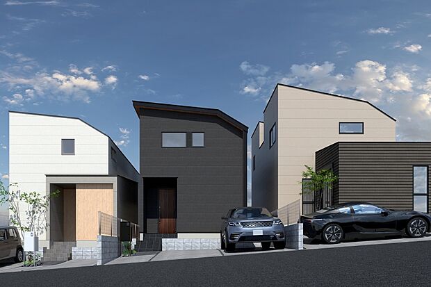 ■CGイメージパース/（右から）1号地、2号地、3号地外観パース（建物未完成のためイメージパースです）■