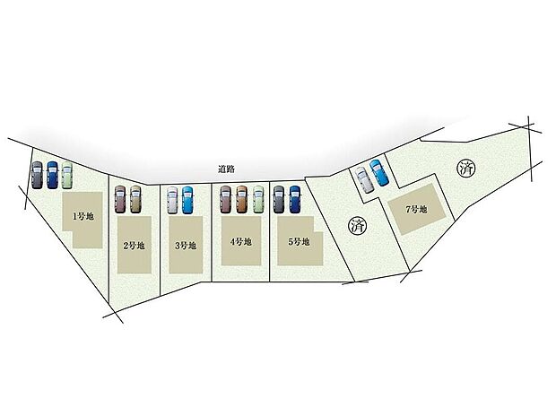 【全体区画図】各戸、駐車2～3台可能！交通量も少ないため、安心して車の出し入れができます♪