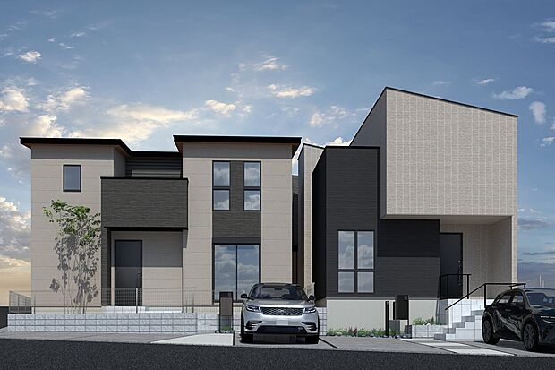 【CGイメージパース/（右から）1号地、2号地外観パース】（建物未完成のためイメージパースです）