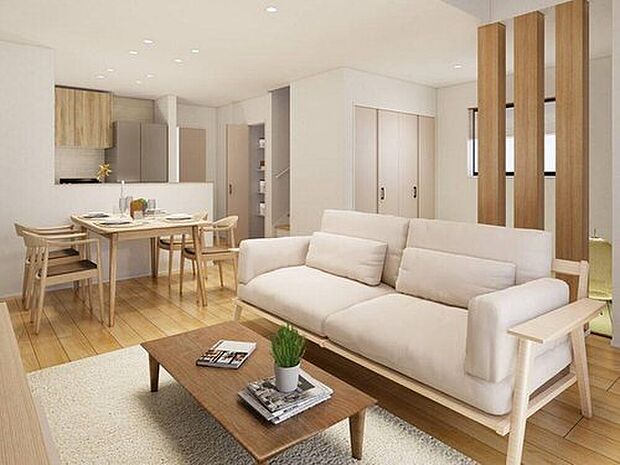 【2号地内観パース：リビング】タタミコーナーを設けたリビングは明るく開放的な居心地のよい空間。