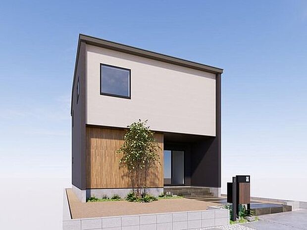 【3号地外観イメージパース】ゆとりある広さの玄関ポーチ。雨に濡れず快適です。シンボルツリーも外構のアクセントに♪宅配BOX、EVコンセント付き。