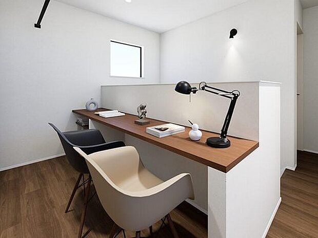 【【内観イメージパース：２階カウンター】】家族みんなで使えるカウンター。時間帯や花粉を気にせず干せる室内物干しスペースとしても活用できます。