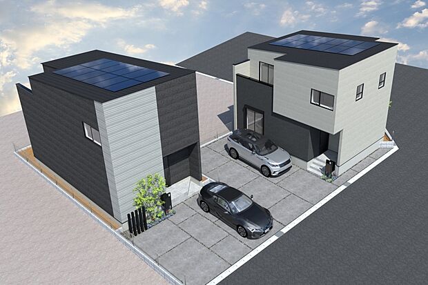 【■CGイメージパース/(右から)1号地、2号地外観パース■】(建物未完成のためイメージパースです)