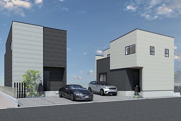 【■CGイメージパース/(右から)1号地、2号地外観パース■】(建物未完成のためイメージパースです)