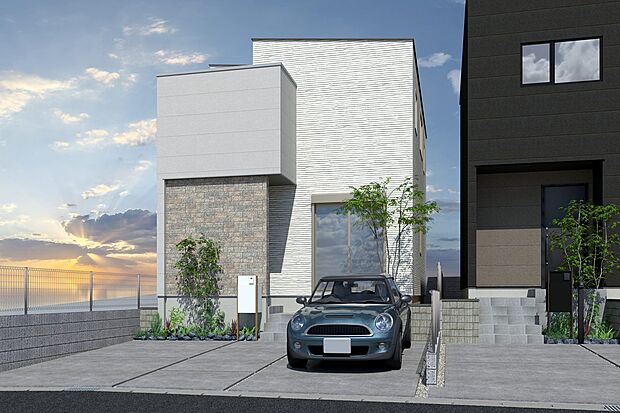 ■CGイメージパース/1号地外観パース■（建物未完成のためイメージパースです）
太陽光発電システム装備！EVコンセントも標準装備で環境にも配慮した家です。