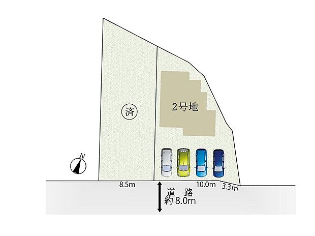 全体区画図　
並列4台駐車可能。前面道路8mと広々ですのでお車の出し入れやすれ違いもラクラクです。