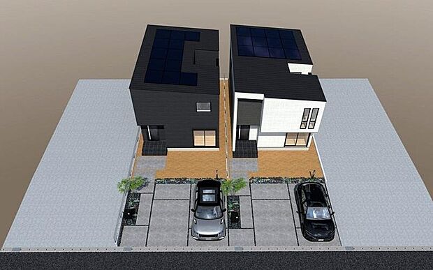 【完成予想図(（右から）3号地、4号地外観）】買い物施設や医療機関が身近に揃い、日常生活の利便性が高いエリアです。（建物未完成のためイメージパースです）