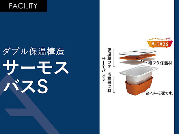 【ダブル保温構造「サーモバスS」】ダブルの保温構造で、4時間後の温度低下は2.5℃以下！追いだきが減って光熱費の節約ができるお湯が冷めにくい浴槽。