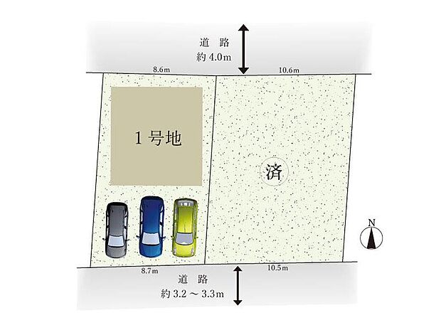 【全体区画図】南向きの為陽当り良好!駐車はゆとりの3台可能で来客時もスムーズに停めていただけます。