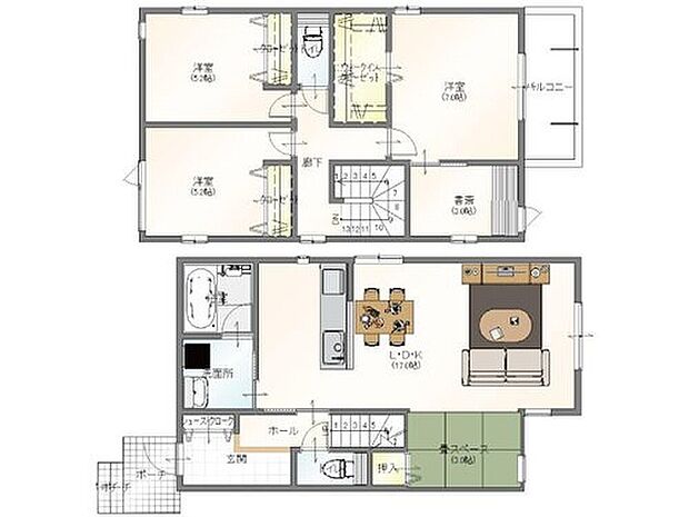 【建物プラン例(間取り図・1号地)】3LDK+S、土地価格2250万円、土地面積107.06m2、建物価格1850万円、建物面積99.38m2