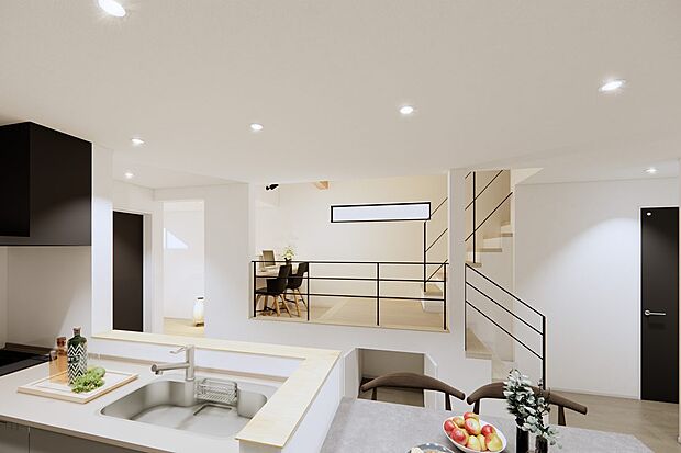 ＊4号地内観イメージパース：キッチン＊
キッチンからリビングだけでなくスキップフロア、タタミコーナーが見渡せます。スキップフロアの下もリビング収納として大活躍。