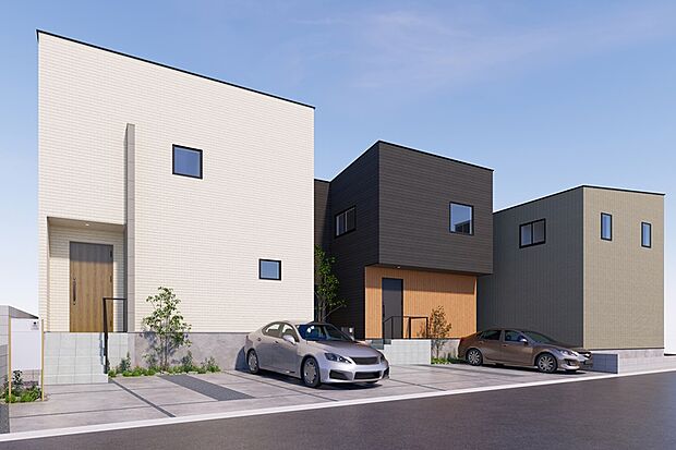 ＊連棟外観パース(右側1号地、中央2号地、左側3号地)＊
長久手南小、長久手南中エリア。戸田谷公園がすぐで、気軽にのびのびと身体を動かせる立地です。