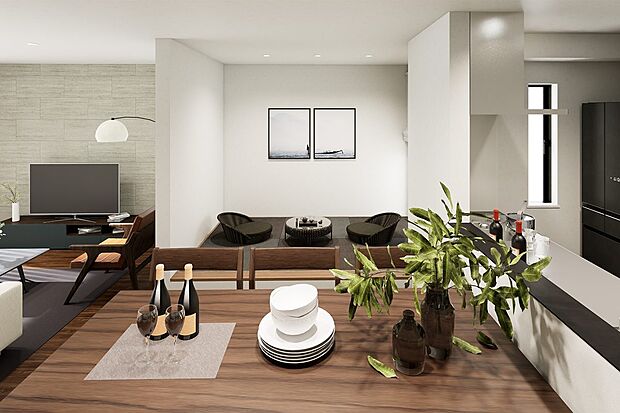 ＊1号地イメージパース(リビング)＊
19.1帖のリビングと3帖の畳コーナーで、より広く開放的に。来客時に腰かけとして使用できたり、お子様のお昼寝・プレイルームなど幅広く活躍してくれます。