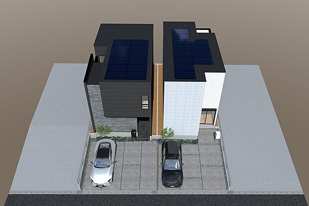 【連棟鳥瞰イメージパース(右側1号地、左側2号地)】
太陽光システム搭載のZEH住宅。環境と家計にやさしい住まいです。停電時への備えにも。
