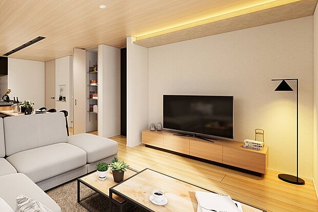 【２号地内観イメージパース：リビング】
リビングを立体的に魅せてくれる下がり天井の間接照明を採用。クローゼットを設けたリビングで、散らかりがちなリビングもすっきり♪　洗練された印象のリビングです。