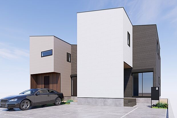 【外観連棟パース（右側：1号地、左側：2号地）】
ZEH住宅。EVコンセント、食洗機、IOT標準搭載、電動シャッターなど充実機能です。