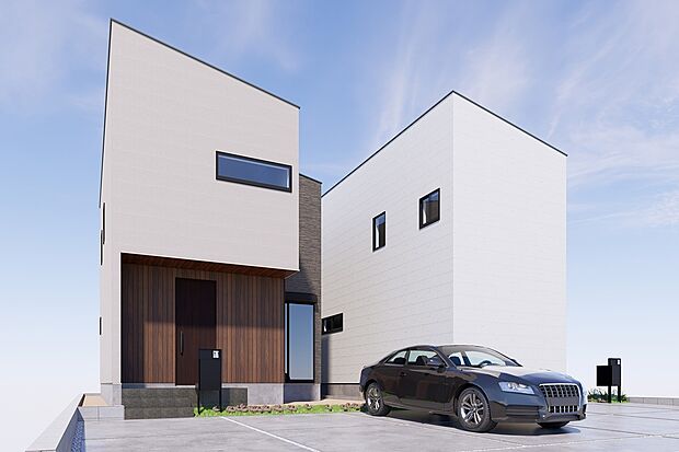 【外観連棟パース（右側：1号地、左側：2号地）】
小牧小　徒歩4分！お子様の通学も安心の立地！
ドラッグストアなども近く暮らしやすい環境。