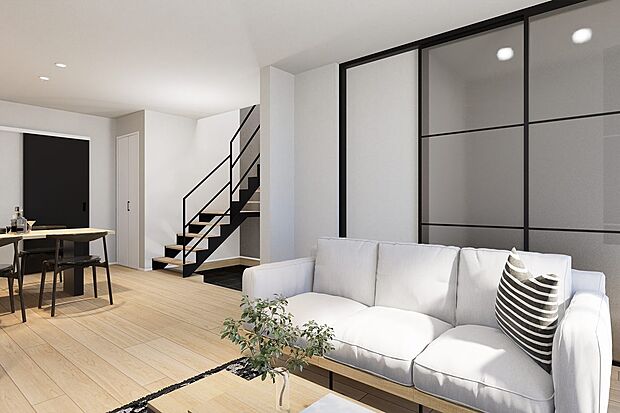 【4号地内観パース：リビング】
玄関からだけでなく、玄関のクローゼットを通って土間スペースからもアクセスできるリビング。土間は観葉植物、ペットグッズ、アウトドア等が置け、暮らしに楽しみをプラス♪