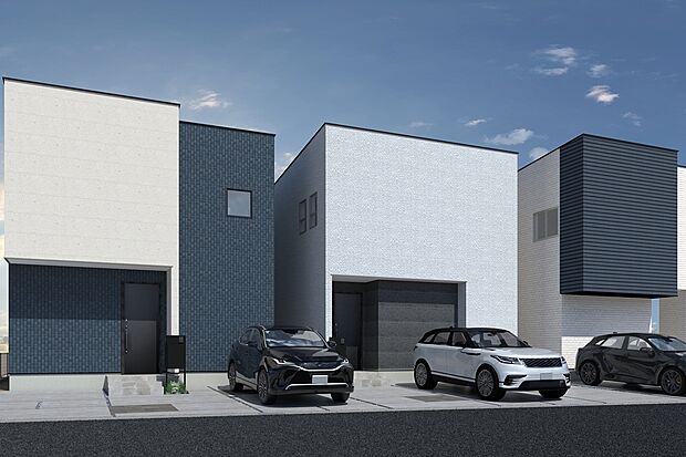 【連棟イメージパース(右側1号地、中央2号地、左側3号地)】
道路側には大きな窓をあえてなくし、スタイリッシュな外観でプライバシー面でも安心です。宅配BOX付！