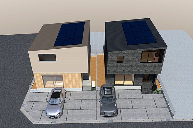 【連棟鳥瞰イメージパース(左側1号地、右側2号地)】
環境と家計にやさしい太陽光システム搭載。
1号地は駐車3台可能。
