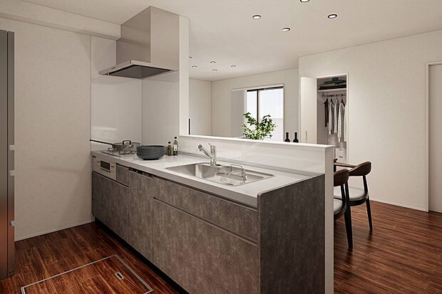 1号地イメージパース(キッチン)
食洗機を搭載したシステムキッチン。落ち着いたカラーのキッチンです。