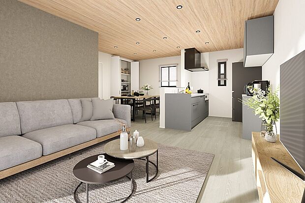 【1号地内観パース：リビング】
明るいリビング。天井は木目調で、ナチュラルな雰囲気。リビングにクローゼットや可動棚を設け、家具に頼らない余白あるリビング。