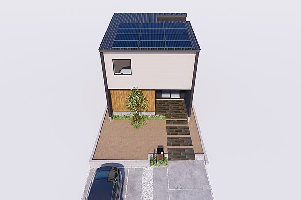 【鳥瞰イメージパース】
太陽光システム搭載。CO2（二酸化炭素）が発生しないので環境への配慮だけでなく家計にも貢献してくれます。災害時の電源の確保にも。