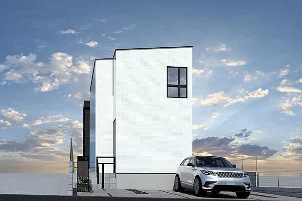 【2号地外観イメージパース】
キッチン、ダイニング横並びで配膳のしやすいプラン。シューズクローゼット、リビングクローゼット、2階に納戸、収納力のある住まいです。