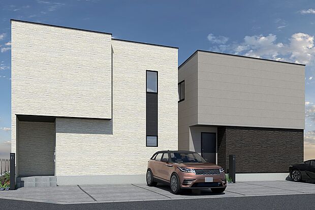 【連棟外観イメージパース(右側5号地、左側6号地)】
道路側に窓をあえてなくし、シンプルでスタイリッシュな外観で都会的。