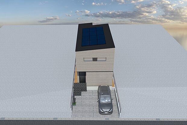 【1号地鳥瞰イメージパース】
太陽光システム搭載。電気料金の高騰や、災害時への備えにも。長期優良住宅です。