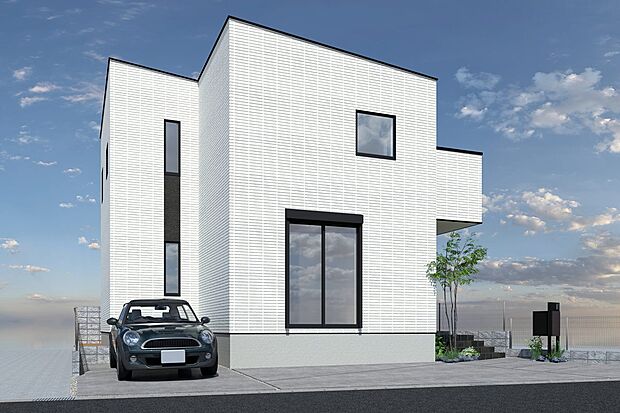 【【4号地外観パース】】土間スペース、階段にダイナミックな吹き抜け。帰宅動線は土間スペースからもリビングからも確保。土間は観葉植物、クリスマスツリー、ペット、アウトドア等暮らしに楽しみをプラス♪