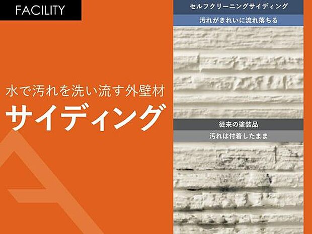 【水で汚れを洗い流す外壁材【サイディング】】外壁に付着した汚れを雨水で繰り返し落とせる『セルフクリーンイング機能』雨が降る事で汚れが落とされ、外壁をいつもきれいに保てますので、外観の美しさを持続させます。