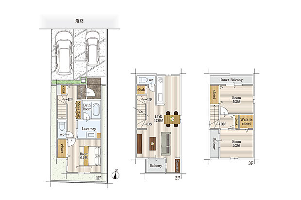 【3LDK】玄関にCLがあり、コートなどの収納に便利
2階LDKにバルコニー・カウンタースペース付き
3階洋室の2部屋それぞれにバルコニーあり