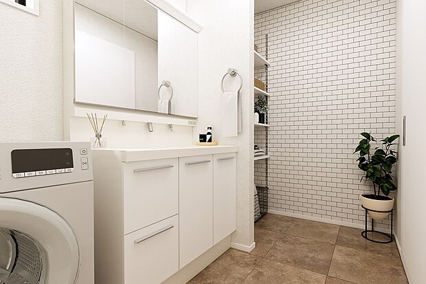 【CGパース/2号地内観（イメージ）】家族で使う忙しい朝もゆったり使える洗面スペース。横には可動棚があるので、タオル類や小物類の収納に便利です。