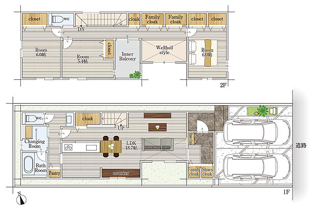 【3LDK】クローゼット付きLDK(18.7帖)
水回りがまとまった配置となっております。
2階居室は全て南に面しています。