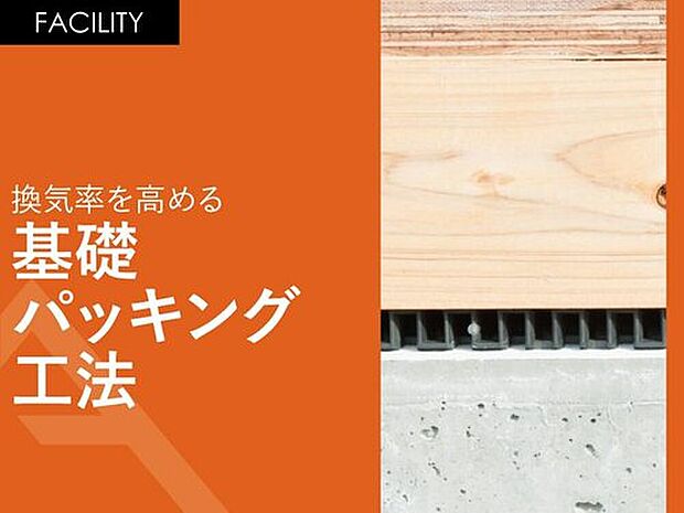 【換気率を高める「基礎パッキング工法」】土台と基礎の間にパッキンを敷き込んで換気率を高めます。
