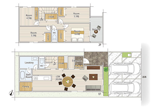 【4LDK】大きなソファーを置いても圧迫感のない20帖のＬＤＫ。
キッチン横には大容量のパントリー。
キッチンの正面には可動棚・室内物干し付きの広い洗面所！