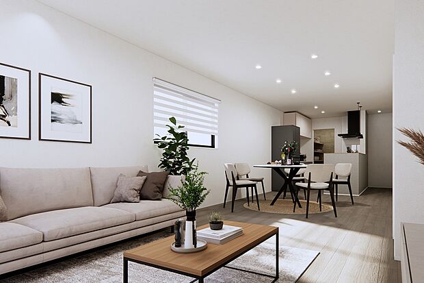 【CGパース/3号地内観（イメージ）】20帖超えのゆったりとしたLDKで家族団らん
お友達を呼んでホームパーティやママ会でも自慢のリビングです♪