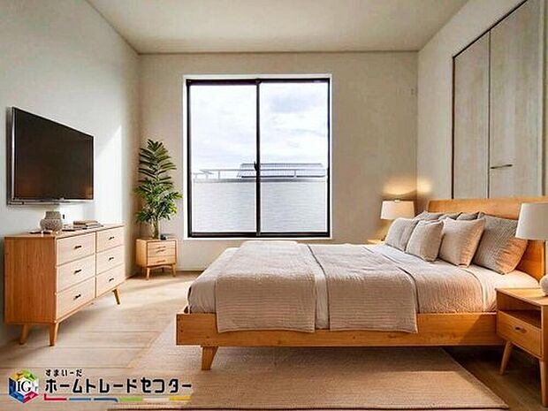 南向きの主寝室は採光も明るく風通し共に良好です。ダブルベッドのサイズのベッドを配置しても十分な広さを確保できる寝室です♪※こちらはCGなどで画像生成したイメージ画像となります。
