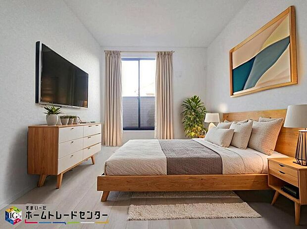 南向きの主寝室は採光も明るく風通し共に良好です。ダブルベッドのサイズのベッドを配置しても十分な広さを確保できる寝室です♪※こちらはCGなどで画像生成したイメージ画像となります。